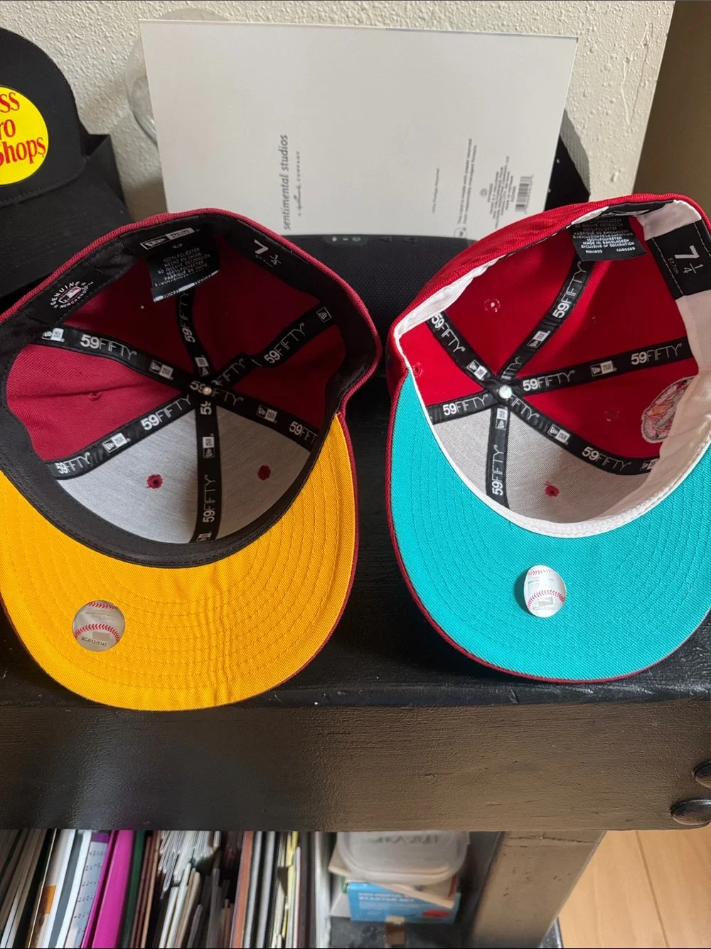 New Era Dodgers 59FIFTY Maroon & Red Fitted Caps with Yellow LA and Teal Script